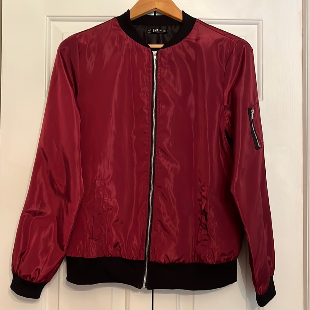 SHEIN Classic Burgundy / Maroon Satin and Black Bomber Jacket